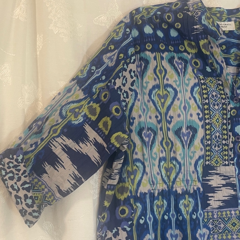 LEMON GRASS WOMAN 2X Blue and Green Button Down Blouse Preworn Great Condition - Picture 7 of 15